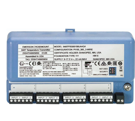 EMERSONN 848T Temperature Transmitter 848TFI1S001D04T1B6JS2Q4  available with either FOUNDATION™ Fieldbus or WirelessHART® protocol.

