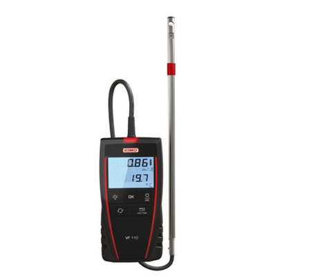 KIMO  VT 110 / VT 115 Hotwire thermo-anemometer measuring airflow, air velocity and temperature with its hot wire probe.